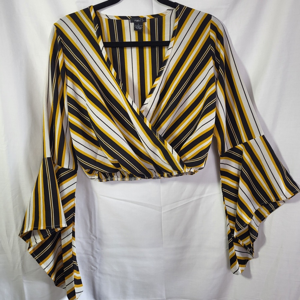 Rue21 Mustard Yellow Black Striped Wrap‎ Crop Top Womens Small Bell Sleeve